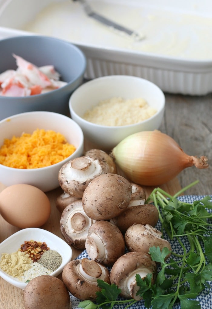 Here are the ingredients for crab stuffed portabella mushrooms all laid out before we begin!