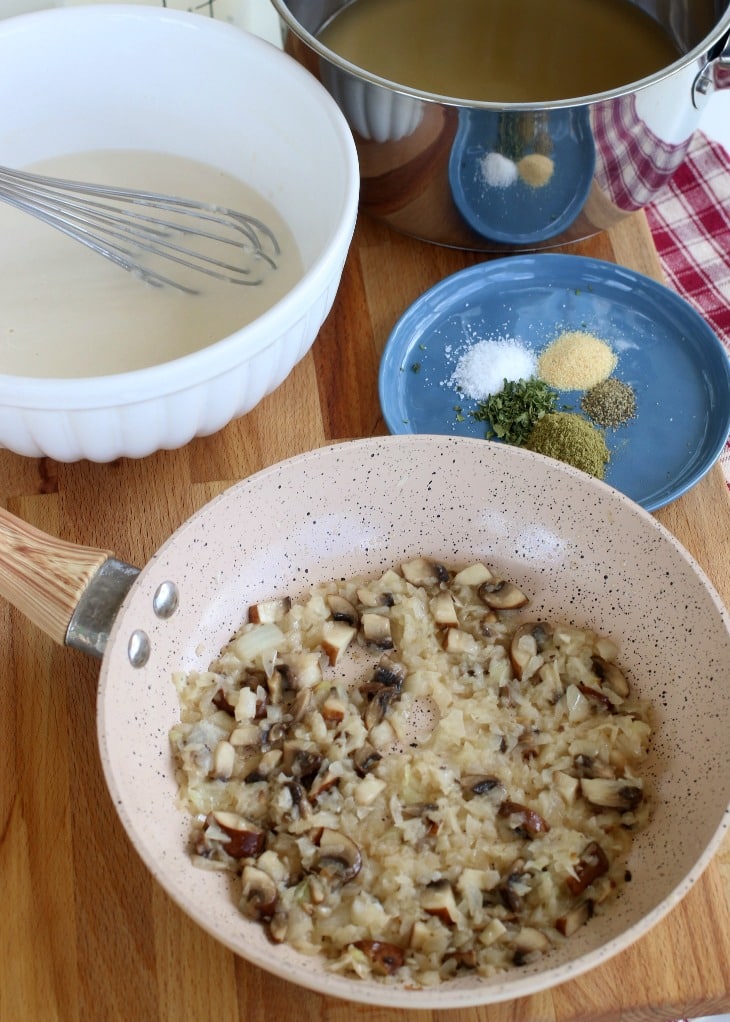 Saute'ing your mushrooms adds depth to your cream of mushroom soup.