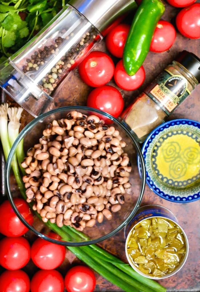 All the ingredients needed to make black-eyed pea dip. 