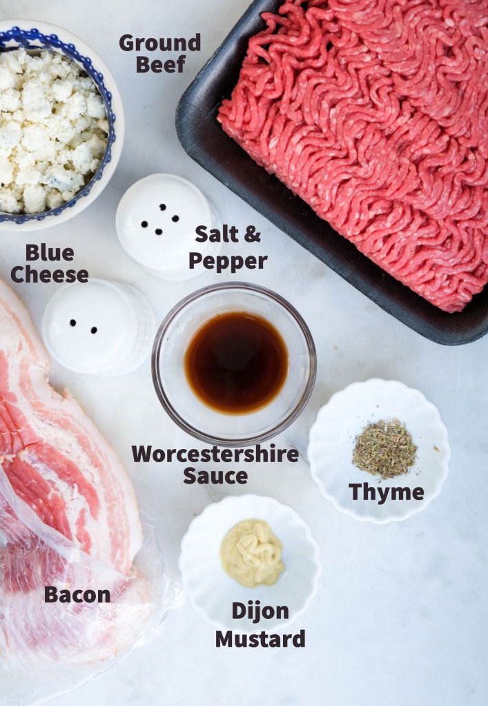 Ingredients to make blue cheese bacon burgers.