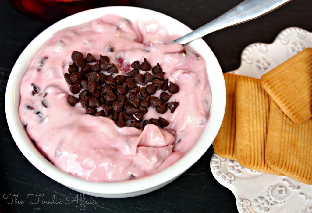 Cherry Chocolate Chip Dip in a white bowl