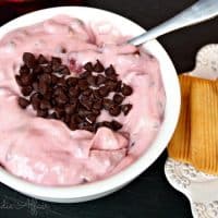 Cherry Chocolate Chip Dip in a white bowl