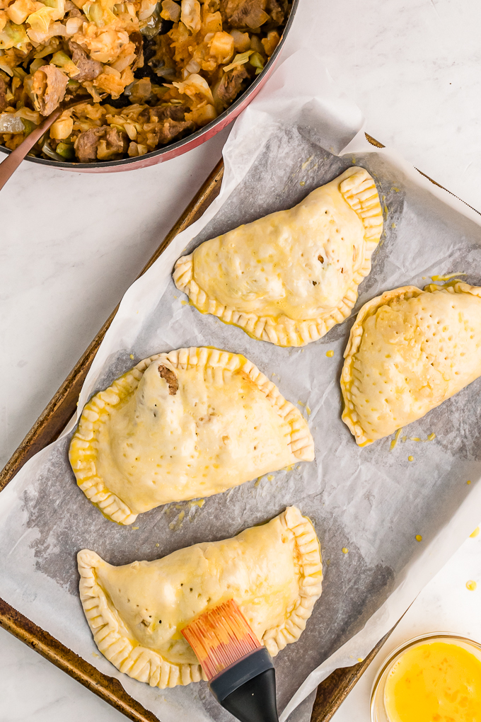 Pies with an egg wash before baking. 