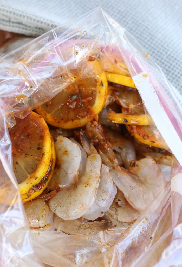 Shrimp and marinade in a bag.