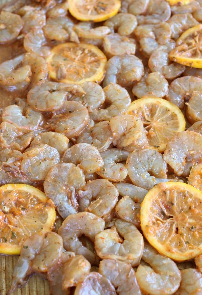 Marinated BBQ shrimp ready to be cooked.