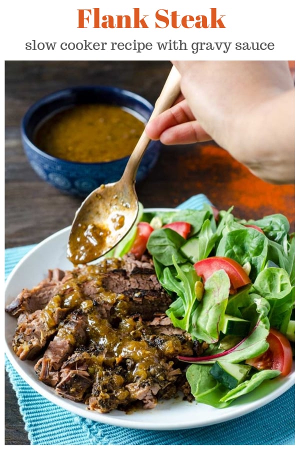 Flank steak slow cooker meal with simple ingredients and a delicious light gravy sauce made right in the same dish!  Enjoy with a simple vegetable for a complete meal. #crockpot #meat #flank #steak #dinner | www.thefoodieaffair.com