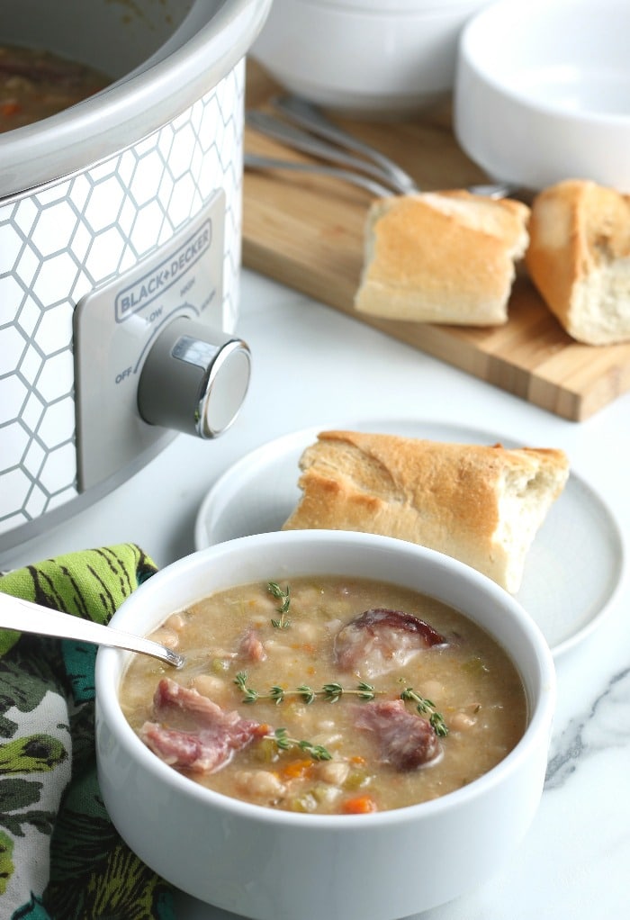 Serving this dish of the slow cooker ham and beans recipe with bread is a must! 