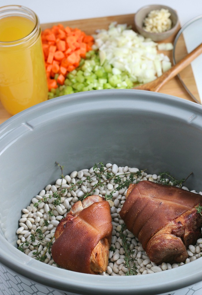 Here we see the ingredients needed to make this delicious ham and bean soup recipe.