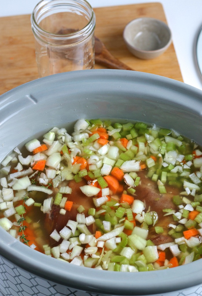 Finally we see the soup ready to be stirred and then covered so the slow cooker can do all the hard work for us! 