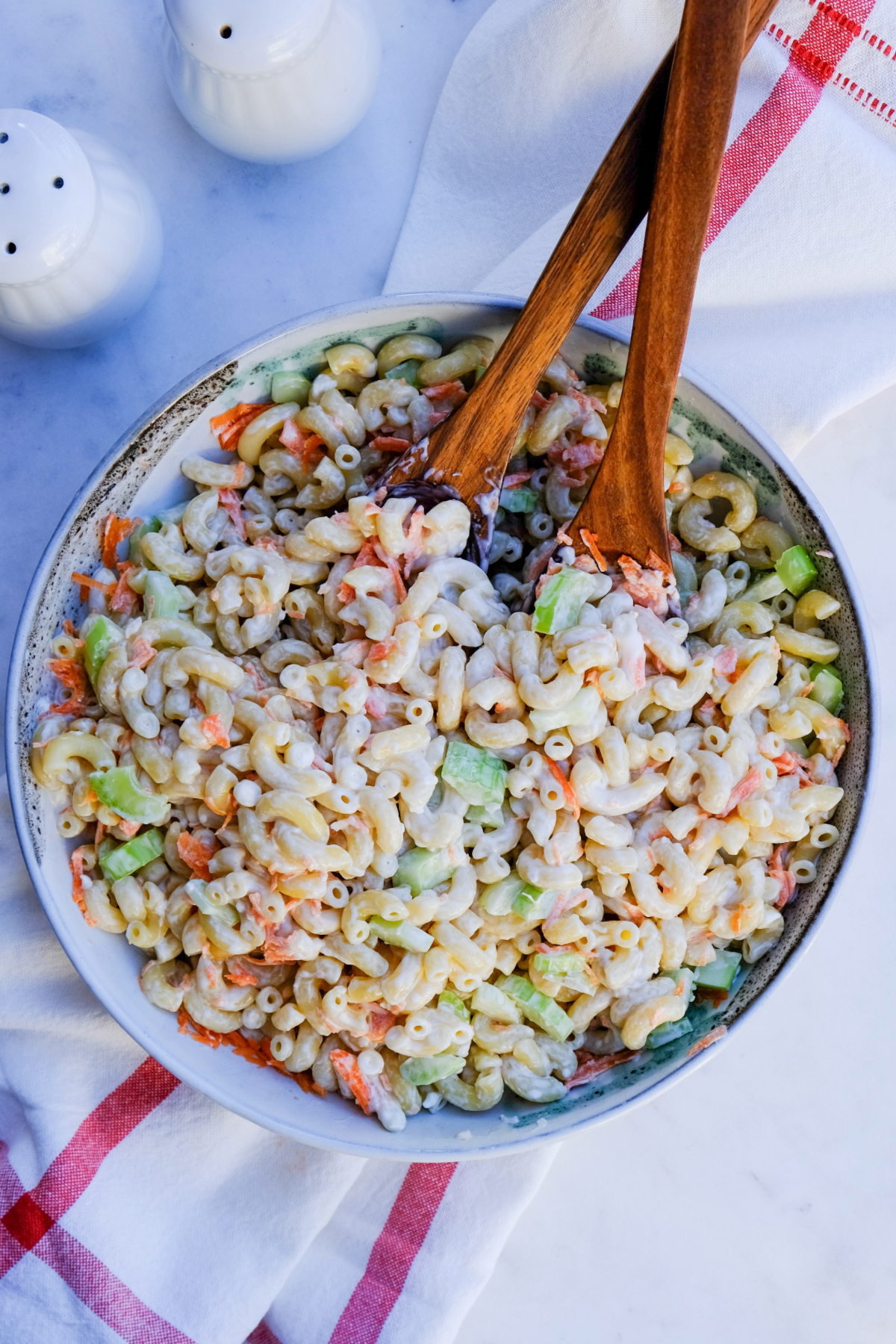 Top view of Hawaiian pasta salad in a serving bowl ready to enjoy. 