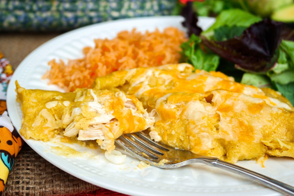 Chicken enchiladas served on a white plate ready to eat. 