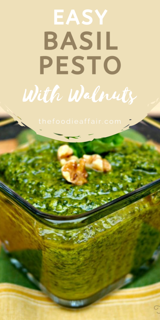 Homemade basil pesto made with walnuts. Simple recipe to use as a dip or over a protein or pasta dish.
