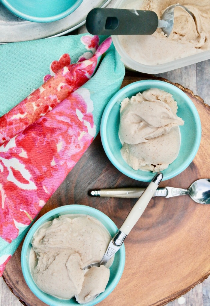 small teal bowls filled with ice cream and small spoons getting ready to enjoy.