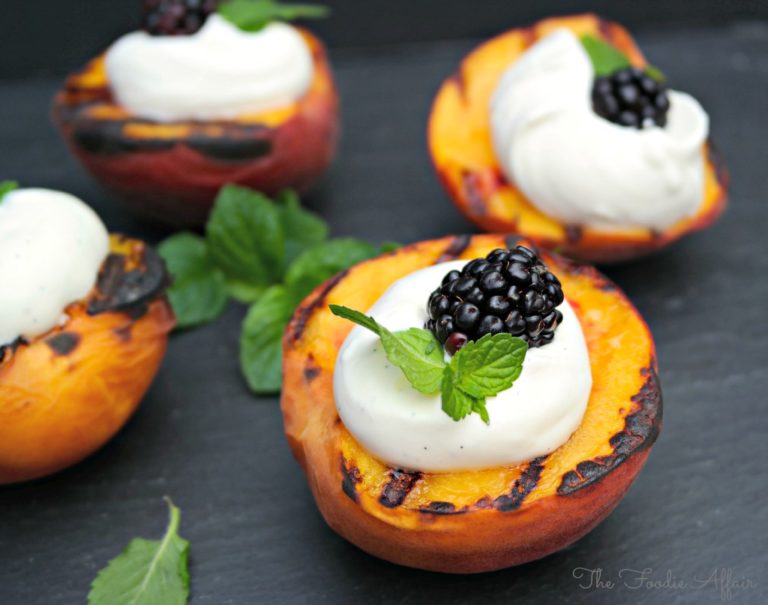 Grilled Peaches Topped with Vanilla Yogurt Cream