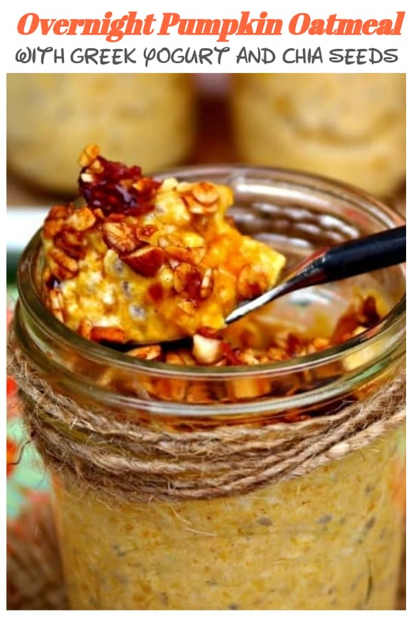 Overnight Pumpkin Oatmeal topped with granola and maple syrup! This nutritious powerhouse will leave your satisfied from the added Greek yogurt and chia seeds! #healthyrecipe #pumpkin #oatmeal #overnight #easyrecipe | www.thefoodieaffair.com