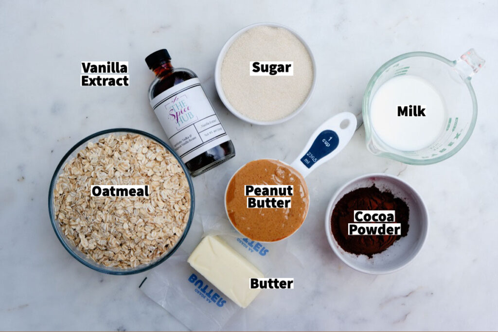 Ingredients to make no bake chocolate peanut butter oatmeal cookies. 