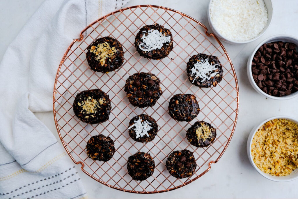 No-bake cookies on a baking rack. 