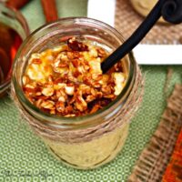 Healthy pumpkin overnight oats in a mason jar.