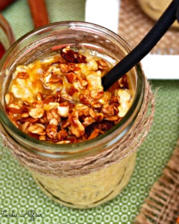 Healthy pumpkin overnight oats in a mason jar.
