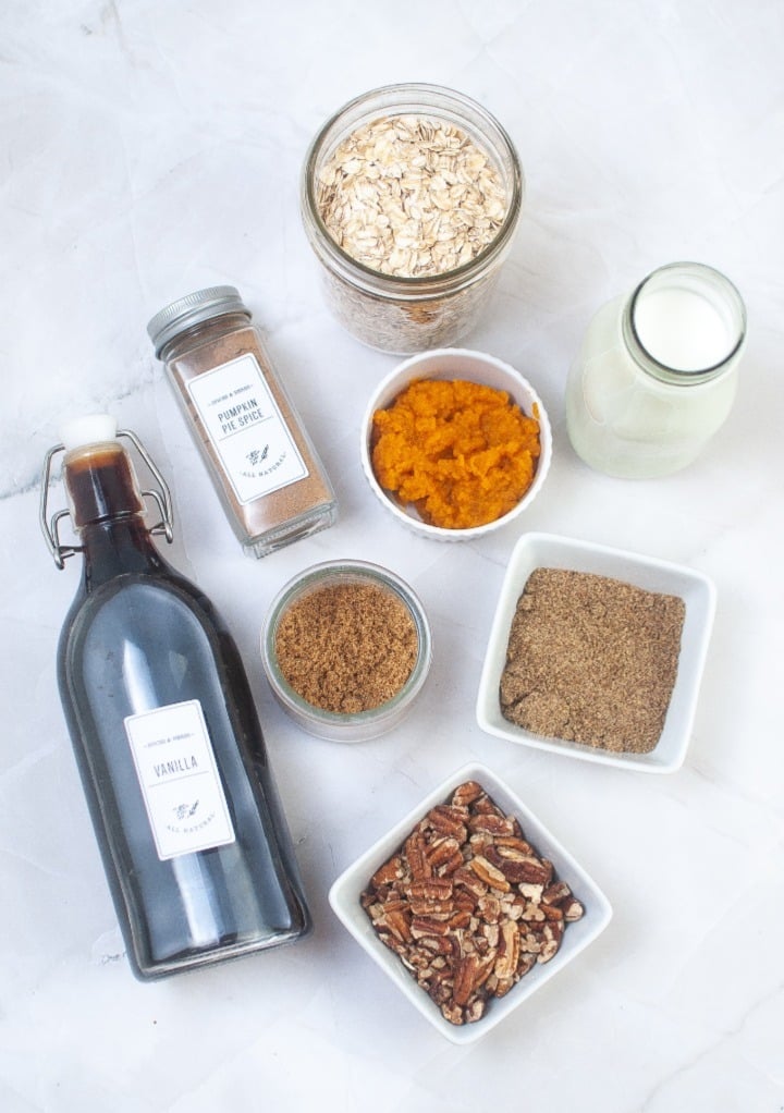 Ingredients for overnight pumpkin oatmeal. 