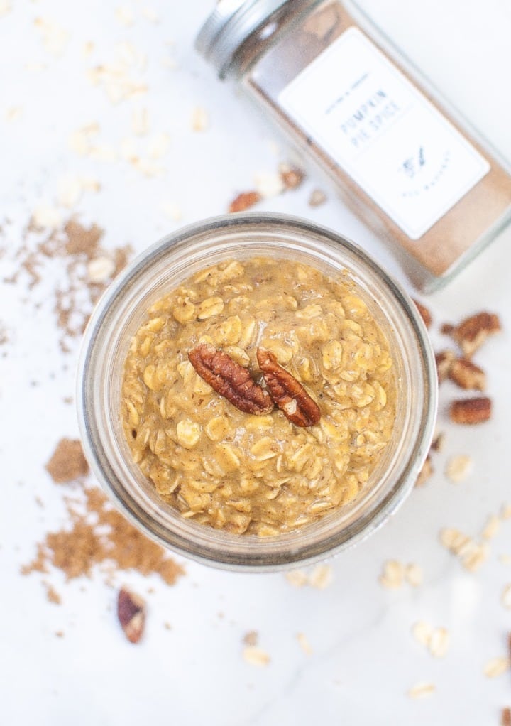 Overhead view of pumpkin overnight oats. 