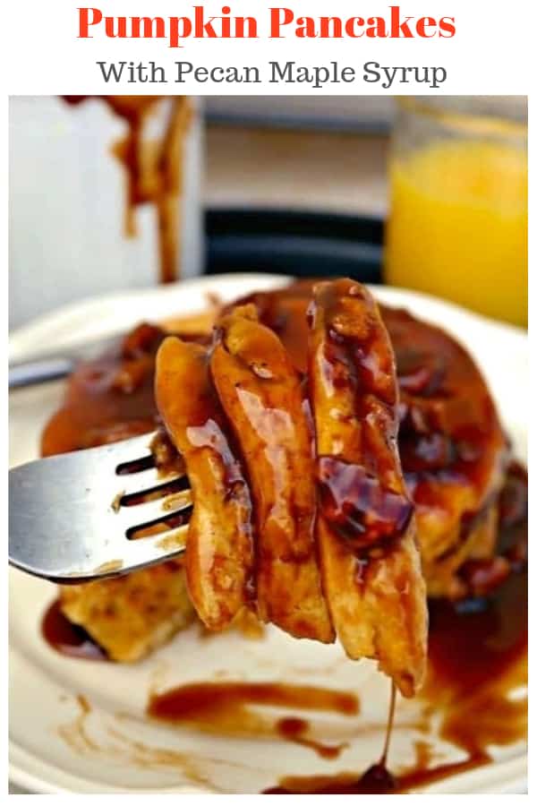 These Pumpkin Pancakes with Pecan Maple Syrup are happy food dance worthy! Subtle pumpkin flavored pancakes with an earthy flavorful syrup makes a delicious fall breakfast or brunch addition! #pancakes #pumpkin #brunch #fallrecipe #breakfast | www.thefoodieaffair.com