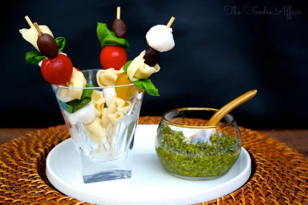 Tortellini skewers with pesto on the side. 