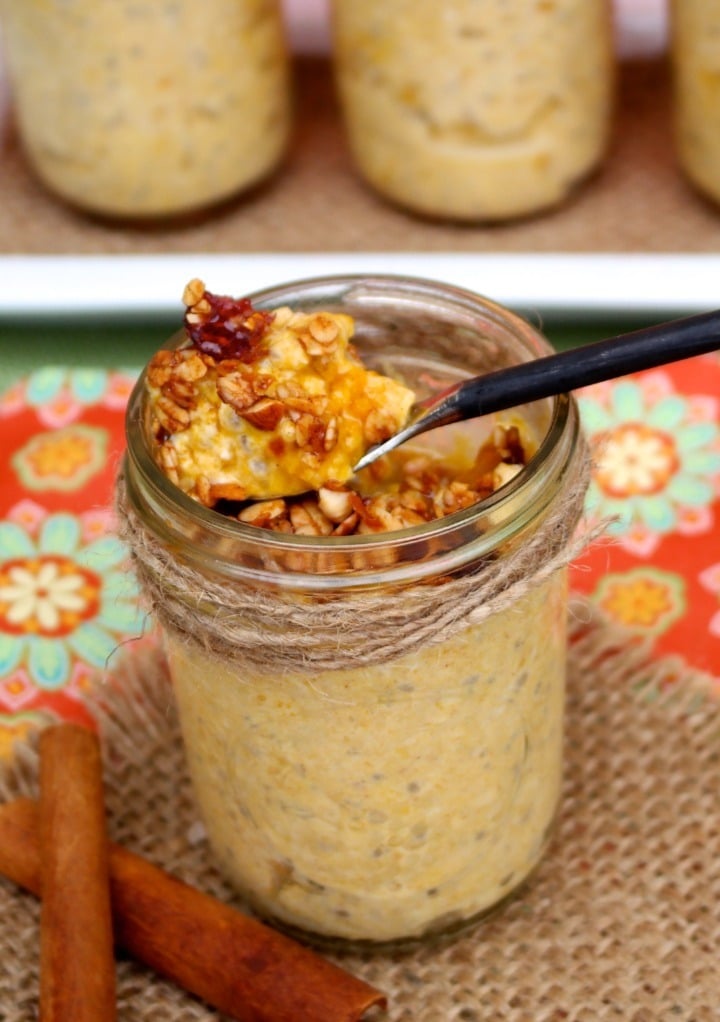 Homemade oatmeal with pumpkin puree in a mason jar. 