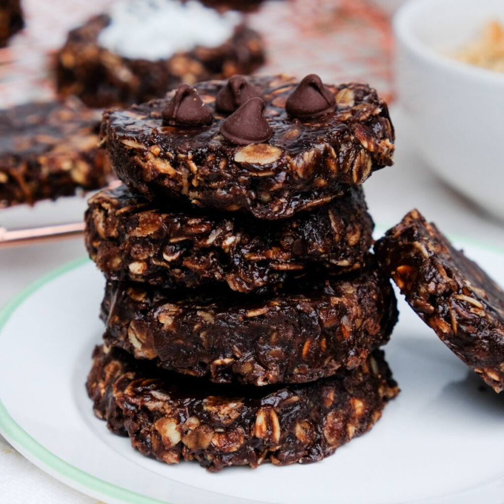 Chocolate peanut butter oatmeal cookies topped with chocolate chips.