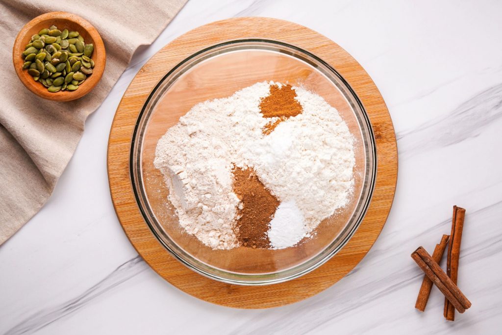 Flour mixture in a clear mixing bowl. 