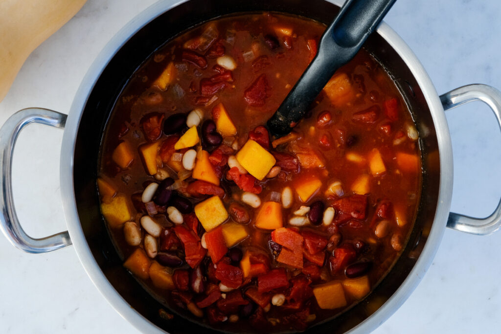 Vegetarian chili recipe in a stockpot. 