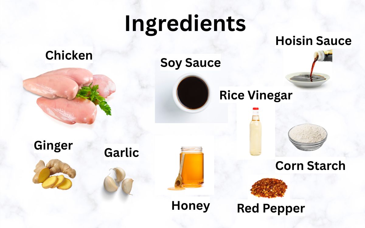 Ingredients to make shredded chicken with honey and garlic. 