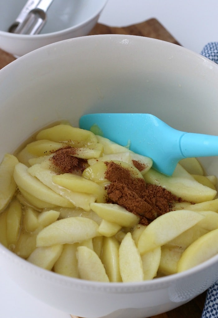 Spices and seasonings being added to the apples for flavor that will hold up to freezing!