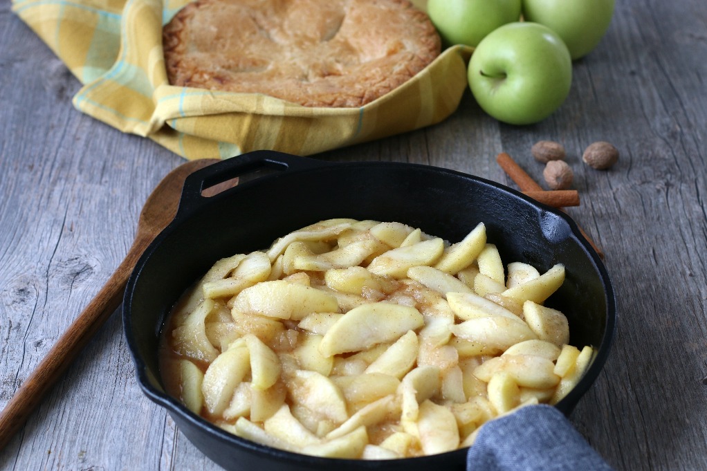 A horizontal view of the finished apple pie filling to freeze!