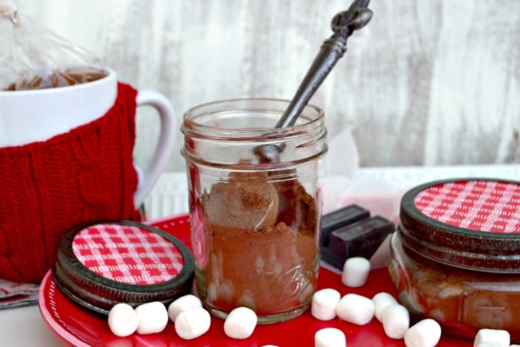 Homemade hot cocoa mix in a glass mason jar. 