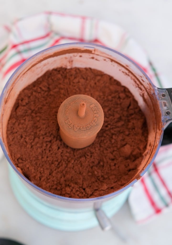 Blended cocoa, sugar and chocolate chips to make homemade cocoa mix. 