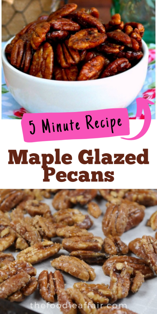 Make maple glazed pecans in only 5 minutes! These pecans are delicious for snacking on as well as adding to recipes like salad, yogurt, oatmeal or on a cheese plate. Give as a gift during the holiday season. 