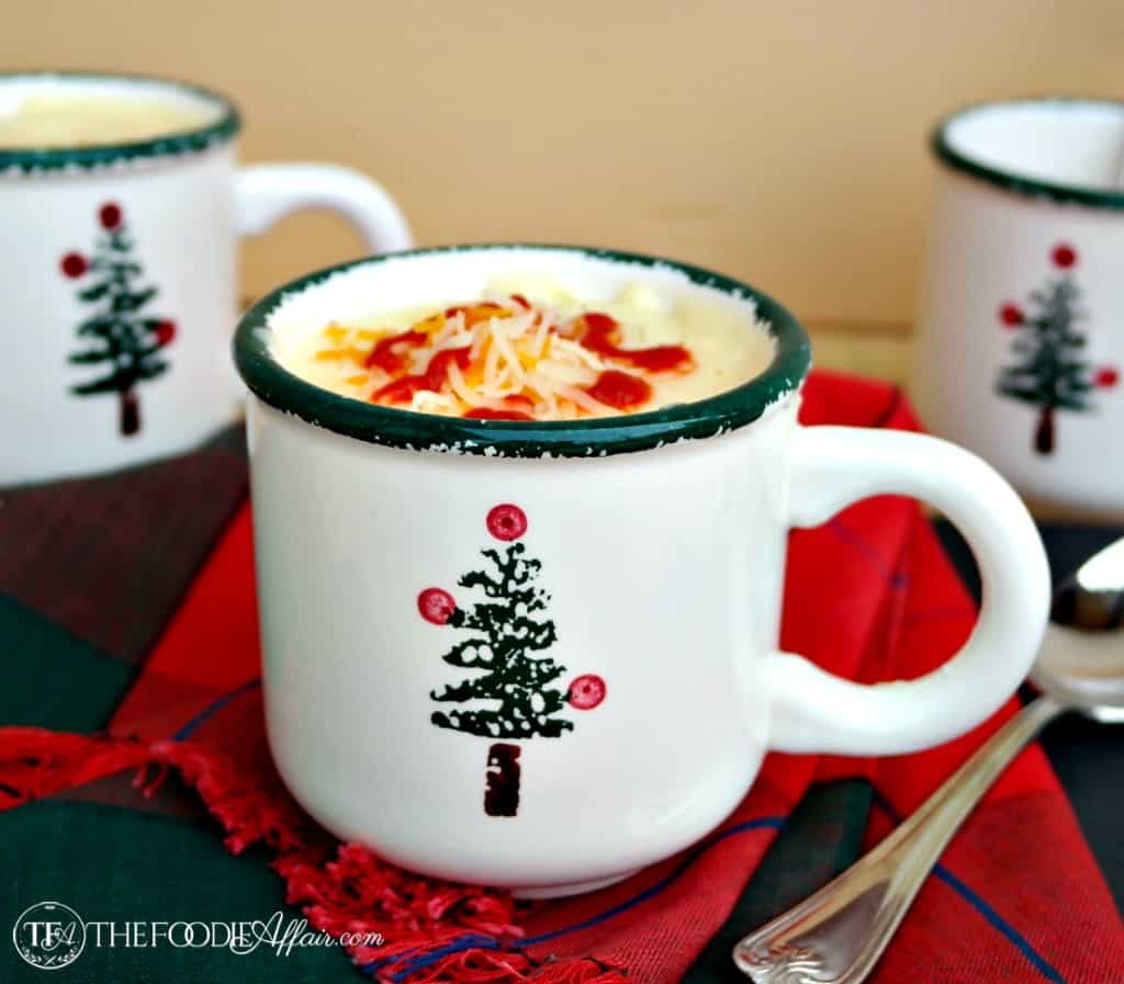 Potato Soup in a mug with a Christmas tree.