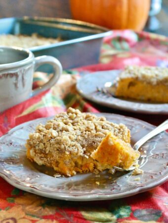 coffee cake made with sweet potatoes on a tan plate