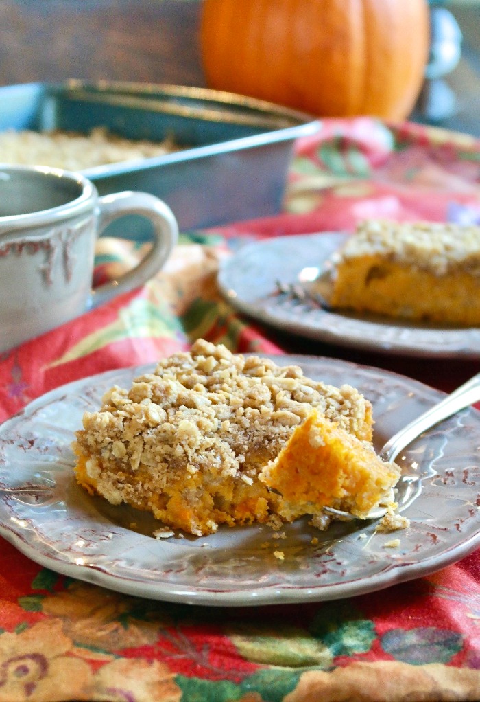 coffee cake made with sweet potatoes on a tan plate