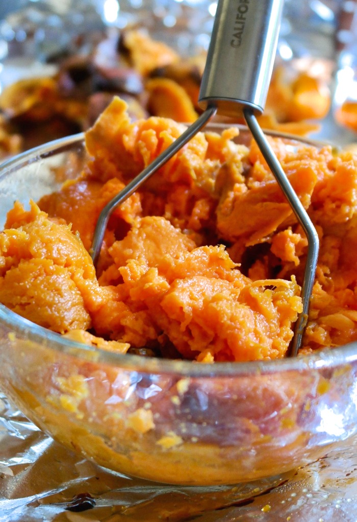 Sweet potato pulp in a clear bowl