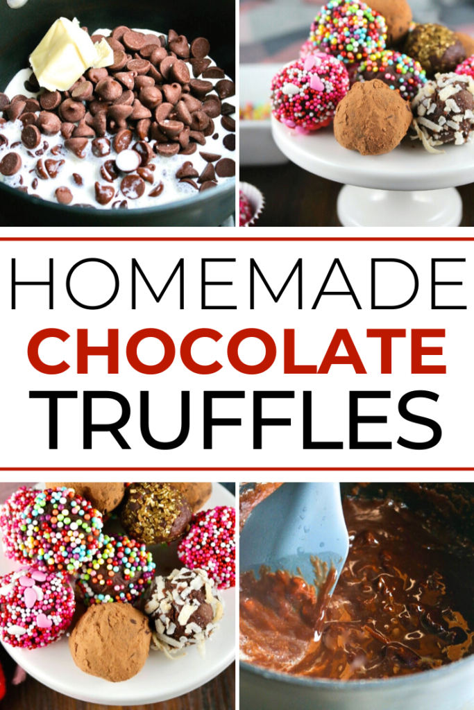 Simple homemade chocolate truffle recipe! Rich and delicious ganache rolled in a variety of coatings for your special treat! Perfect diy Valentine's gift. #chocolate #truffle #homemade #easyrecipe #Valentinesday #sugarfreeoption 