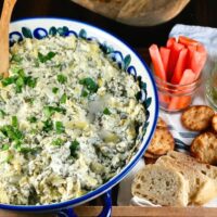 Horizontal shot of spinach dip with vegetables and crackers for dipping