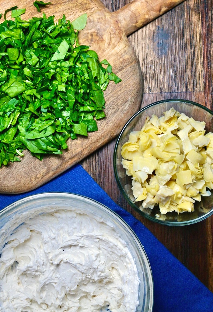 Ingredients for fresh spinach artichoke dip recipe.