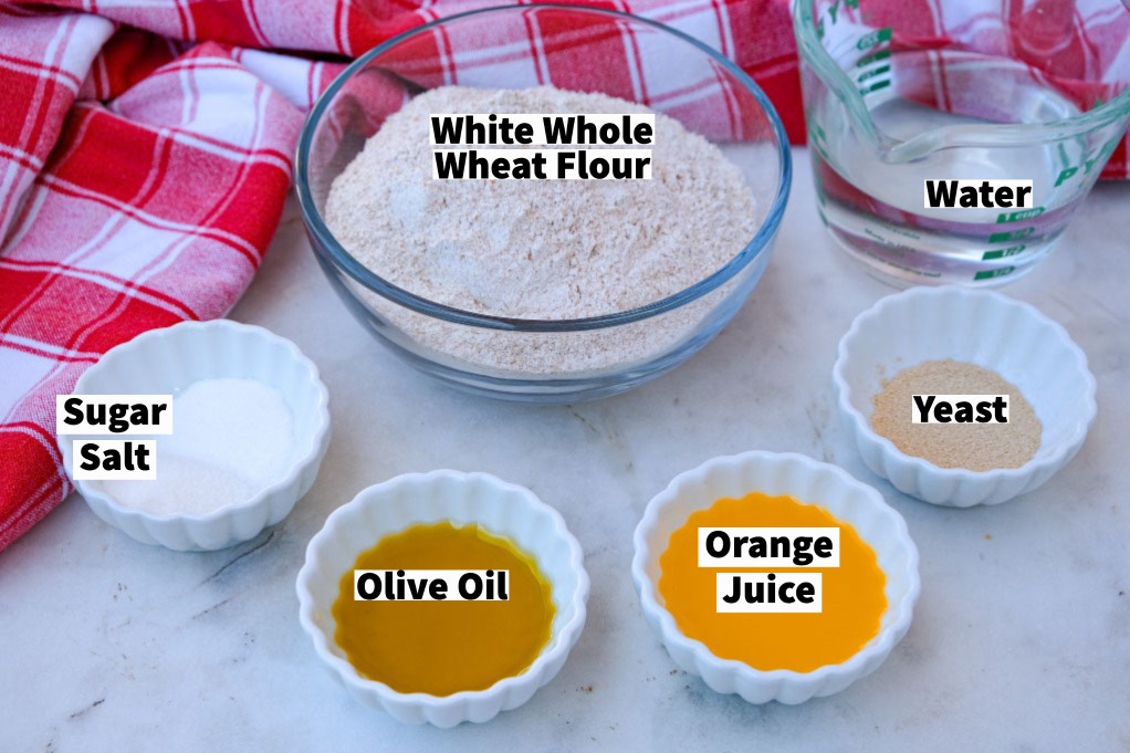 Ingredients to make whole wheat pizza dough.