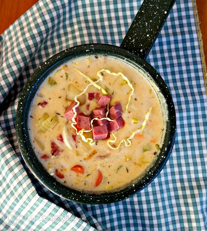 Corned Beef and Cabbage Chowder in a black sauce pan