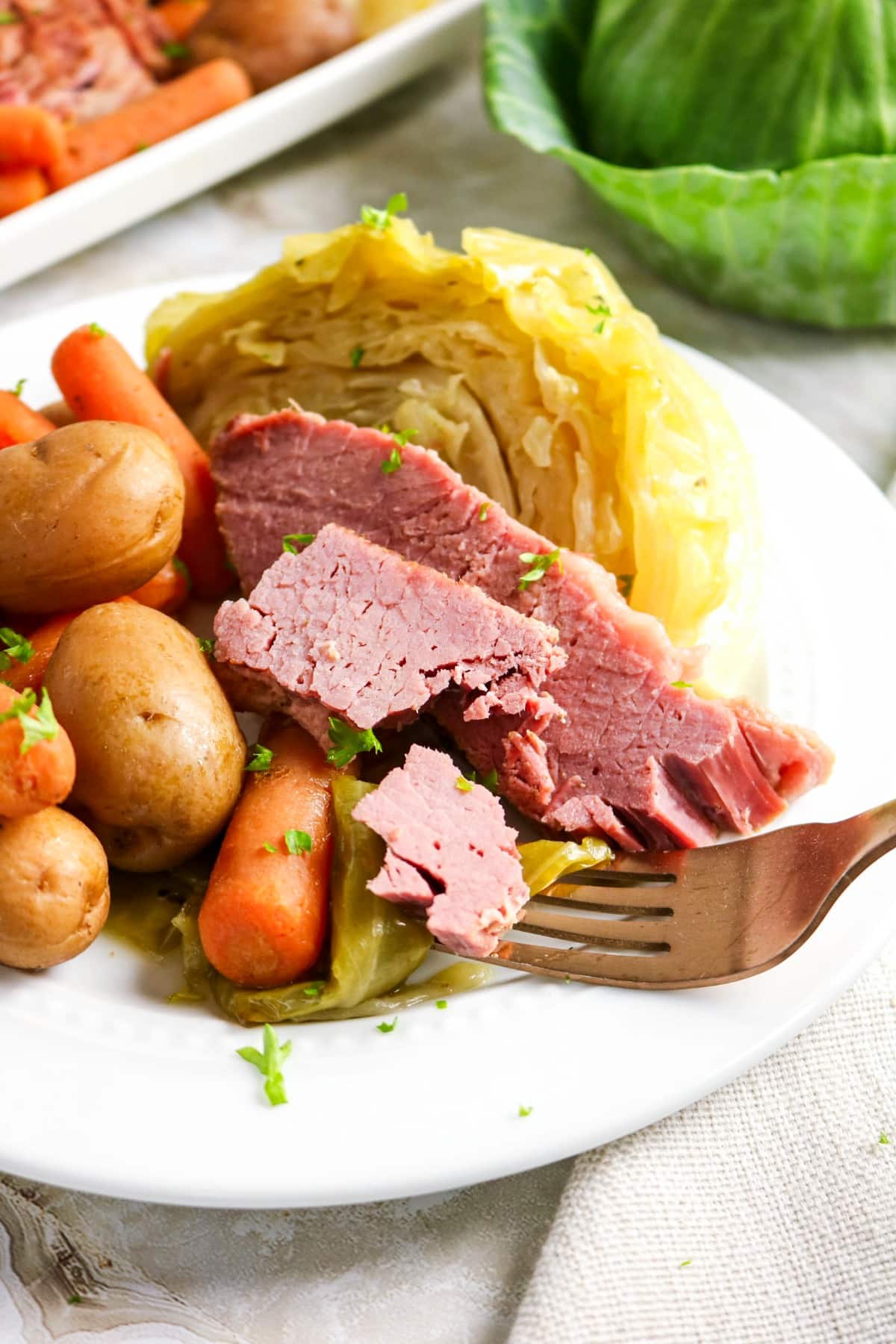 A forkful of corned beef on a white dinner plate with carrots and potatoes.