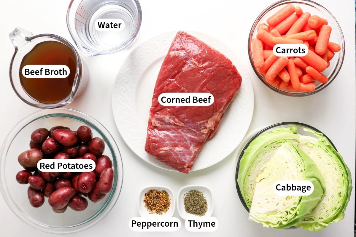 Ingredients to make corned beef in a slow cooker.