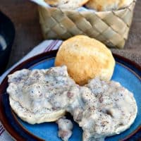 Sausage Gravy and biscuits made in a iron cast skillet