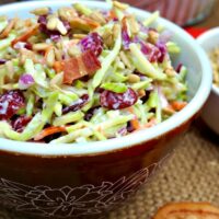 Broccoli Slaw in a brown pyrex bowl